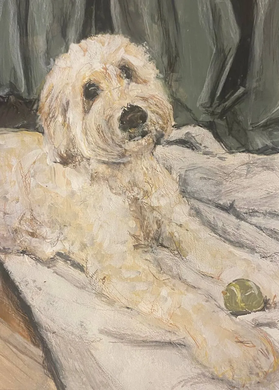 Gemälde eines hellen, gelockten Hundes, der auf einer weissen Decke liegt und mit leicht schräg gelegtem Kopf zu den Betrachtenden schaut; neben seiner Pfote ein grüner Tennisball, dahinter ein graugrüner Vorhang.