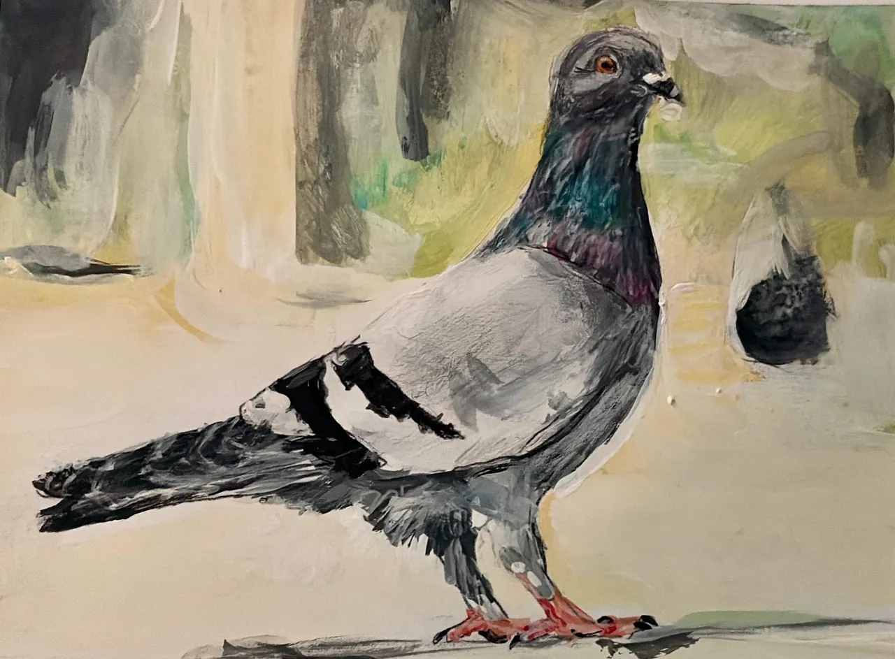 Gemälde einer grauen Taube mit grün-violett schimmerndem Hals, die im Profil auf hellem Boden steht.